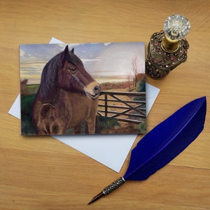 Tarjeta de felicitación de caballo, tarjetas impresas en blanco de alta calidad de originales de bellas artes dibujadas a mano. Tetley al amanecer.