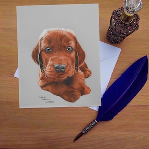 Tarjeta de felicitación de cachorro Irish Setter, tarjetas impresas en blanco de alta calidad de originales de bellas artes dibujadas a mano.