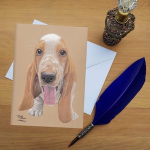 Basset Hound Puppy Greetings Card, Blank high quality printed cards from hand drawn fine art original.