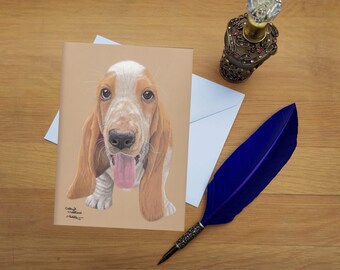 Basset Hound Puppy Greetings Card, Blank high quality printed cards from hand drawn fine art original.