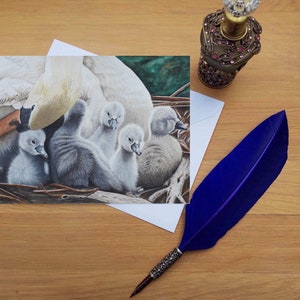 白鳥の家族のカード、手描きのオリジナル美術作品から印刷された高品質の空白カード。