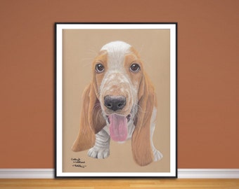 Basset Hound Puppy fine art giclee print, from hand drawn coloured pencil original.