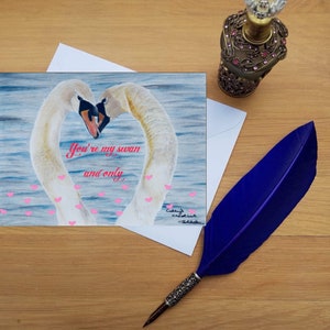 Tarjeta romántica Swan, tarjetas impresas en blanco de alta calidad de originales de bellas artes dibujadas a mano.
