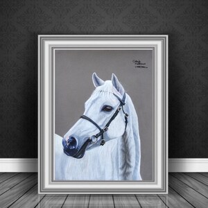 White horse fine art Giclee print, from original hand drawn coloured pencil original artwork