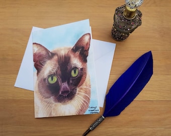 Burmese Cat greetings card, Blank high quality printed cards from hand drawn fine art original.