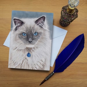 Biglietto d'auguri Ragdoll Cat, biglietti bianchi stampati di alta qualità da originali d'arte disegnati a mano.