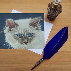 Biglietto d'auguri Ragdoll Cat, biglietti bianchi stampati di alta qualità da originali d'arte disegnati a mano.