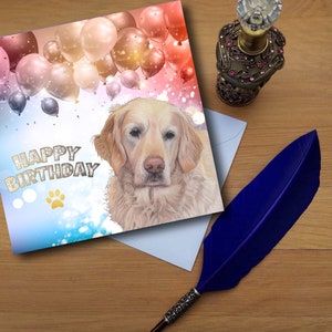 Biglietto di auguri per il compleanno del Golden Retriever. Biglietti stampati di alta qualità da originali opere d'arte disegnate a mano.