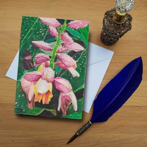 Tropische Blumen- und Schmetterlings-Grußkarte, Blankokarten von handgezeichnetem Original.