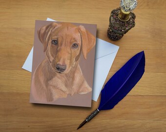 Fox Red Labrador puppy Greetings Card, blank high quality printed cards from hand drawn fine art original.