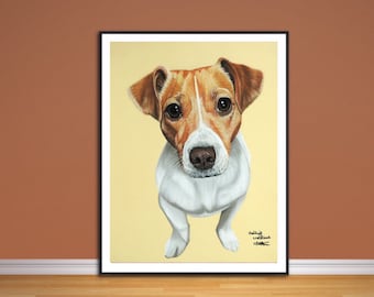 May include: A close-up portrait of a Jack Russell Terrier dog with brown and white fur. The dog is looking directly at the viewer with a curious expression. The background is a light yellow color.