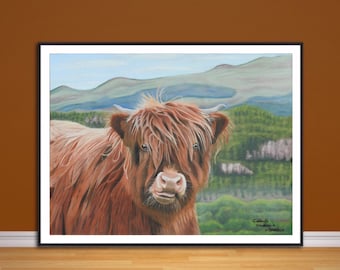 Impresión giclée de bellas artes de un ternero de vaca de las Tierras Altas, a partir de una obra de arte original en pastel dibujada a mano.
