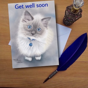 Ragdoll Kätzchen gute Besserung Karte, Blank hochwertig gedruckte Karten von Hand gezeichnet Fine Art Original.