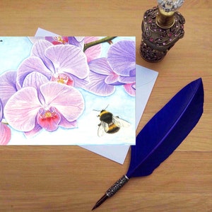 Biene und Orchideen Grußkarte, Blankokarten von handgezeichneten Fine Art Originalen.