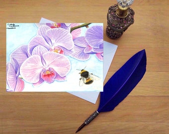 Bee and Orchid greetings card, Blank high quality printed cards from hand drawn fine art original.