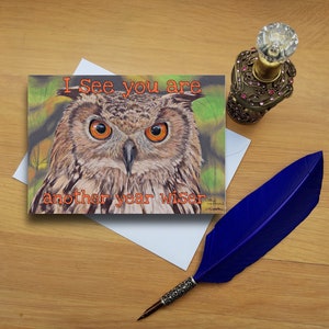 Carte d'anniversaire hibou, cartes imprimées vierges de haute qualité à partir d'oeuvres d'art originales dessinées à la main.