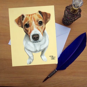 Jack Russell Terrier wenskaart, blanco gedrukte kaarten van hoge kwaliteit van handgetekende originele kunst.