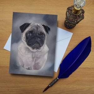 パグ犬のグリーティング カード、手描きのオリジナル美術作品から印刷された高品質の空白カード。