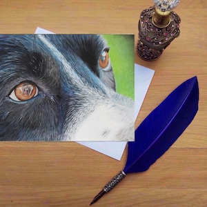 Border Collie kruis wenskaart, blanco gedrukte kaarten van hoge kwaliteit van handgetekende originele kunst.