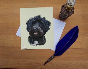 Black TibetanTerrier Greetings Card, blank high quality printed cards from hand drawn fine art original.