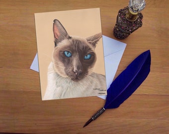 Siamese Cat greetings card, Blank high quality printed cards from hand drawn fine art original.