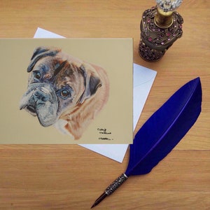 Carte de voeux bringée pour chien Boxer, cartes imprimées vierges de haute qualité à partir d'oeuvres d'art originales dessinées à la main.