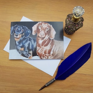Tarjeta de felicitación Dachshunds, tarjetas impresas en blanco de alta calidad de originales de bellas artes dibujadas a mano.
