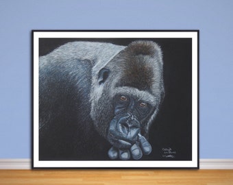 Gorilla  fine art Giclee print, from hand drawn pastel original