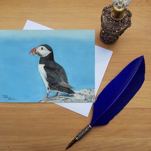 Tarjeta de felicitación puffin, tarjetas impresas en blanco de alta calidad de original de bellas artes dibujadas a mano.