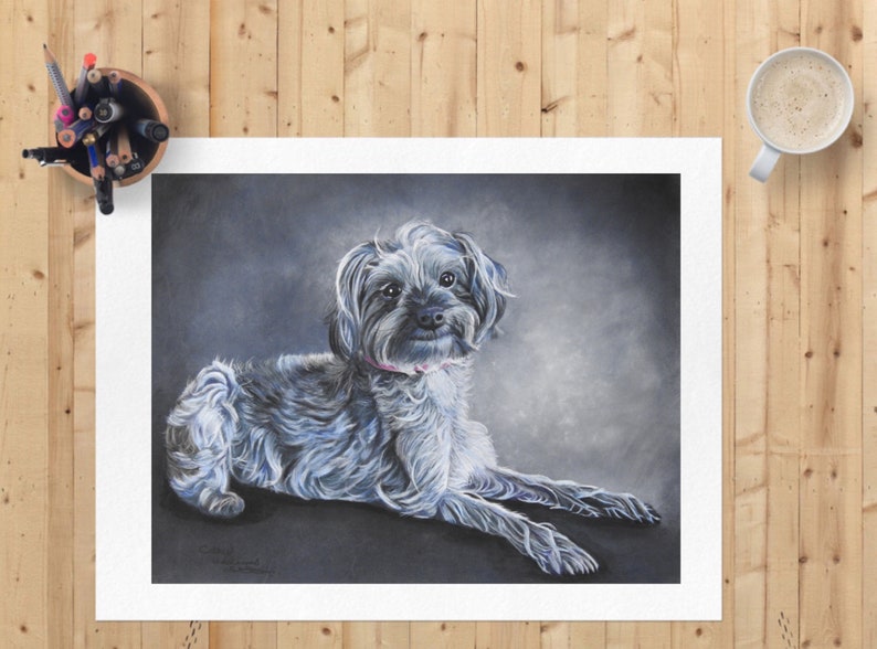 Yorkipoo fine art giclee print from hand drawn coloured pencil original artwork.