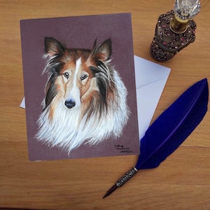 Biglietto d'auguri Rough Collie, biglietti vuoti stampati di alta qualità da originali d'arte disegnati a mano.