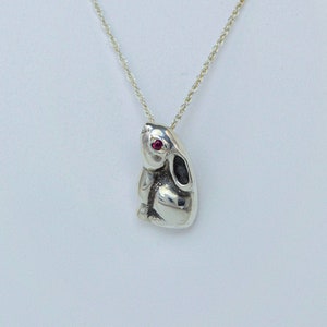 Sterling Silver Bunny (Rabbit) Pendant Necklace, with .02 ct Ruby Eye, with option for Sterling Silver Double Rope Chain, July Birthstone