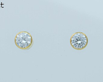 Round Cut Cubic Zirconia Earrings set in 14kt. Yellow, 0.50ct. each, Gold Bezel setting post earrings