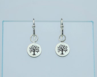 Sterling Silver Round Tree Earrings, Charm Earrings,  Tree of Life, Yggdrasil