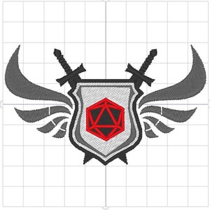 Dice D20 Crest swords and wings dungeons and dragons RPG patch design. Machine embroidery pattern in the hoop. 4x4 size digital ITH file.