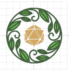May include: Embroidery design file for a 4x4 hoop featuring a green leafy wreath with a gold-colored twenty-sided die in the center. The design measures 3.25 inches by 3.24 inches.  PES CSD DST EXP HUS JEF PCS SHV SEW VIP XXX