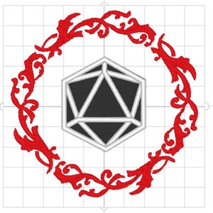 May include: An embroidery design featuring a red floral wreath surrounding a black and white d20 die. The design is labeled "Instant Download" and includes the text "Embroidery File 4x4 Hoop Size: 3.65" x 3.63"" and the Francine logo.