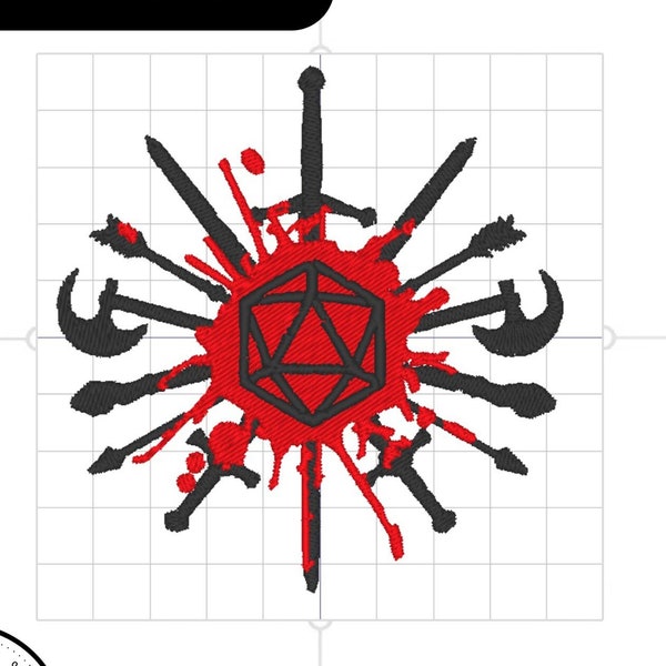 Dice bag decoration D20 with medieval weapons Dungeons and dragons patch design Machine embroidery pattern in the hoop 4x4 size digital file