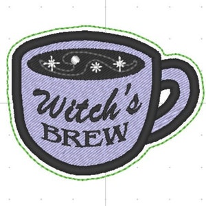 Witch's Brew Coffee Cup Embroidery Design: Halloween Fun Patch Feltie (4x4 ITH Digital File)