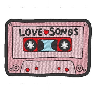 Vintage Cassette Patch Embroidery Design: Love Songs, In-the-Hoop 4x4 (Digital ITH File