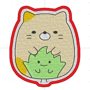 Kawaii cat with grass anime neko patch design. Machine embroidery pattern in the hoop. 4x4 size digital ith file.