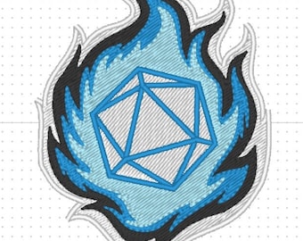 Dice D20 fire and ice (2 variations) dungeons and dragons RPG patch design. Machine embroidery pattern in the hoop 4x4 size digital ITH file