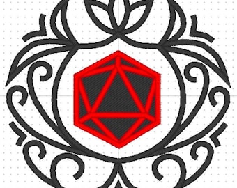 Dice bag decoration filigree dungeons and dragons RPG patch design. Machine embroidery pattern in the hoop. 4x4 size digital ith file.