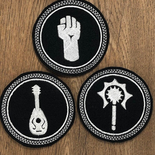 Dice Bag Monk, Bard & Cleric Dungeons and Dragons classes RPG patch design. Machine embroidery pattern in the hoop. 4x4 size digital ITH.