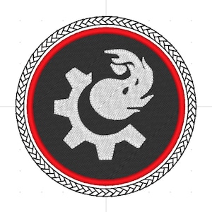 May include: A black and white embroidered patch with a stylized image of a rhinoceros inside a gear. The patch is surrounded by a red and white braided border.