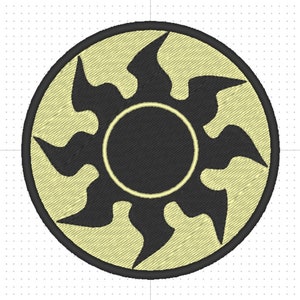 Magic the gathering MTG White Mana Plains (2 sizes) sun patch design. Machine embroidery pattern in the hoop. 4x4 size digital ITH file.
