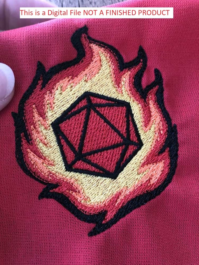 Dice D20 fire and ice (2 variations) dungeons and dragons RPG patch design. Machine embroidery pattern in the hoop 4x4 size digital ITH file
