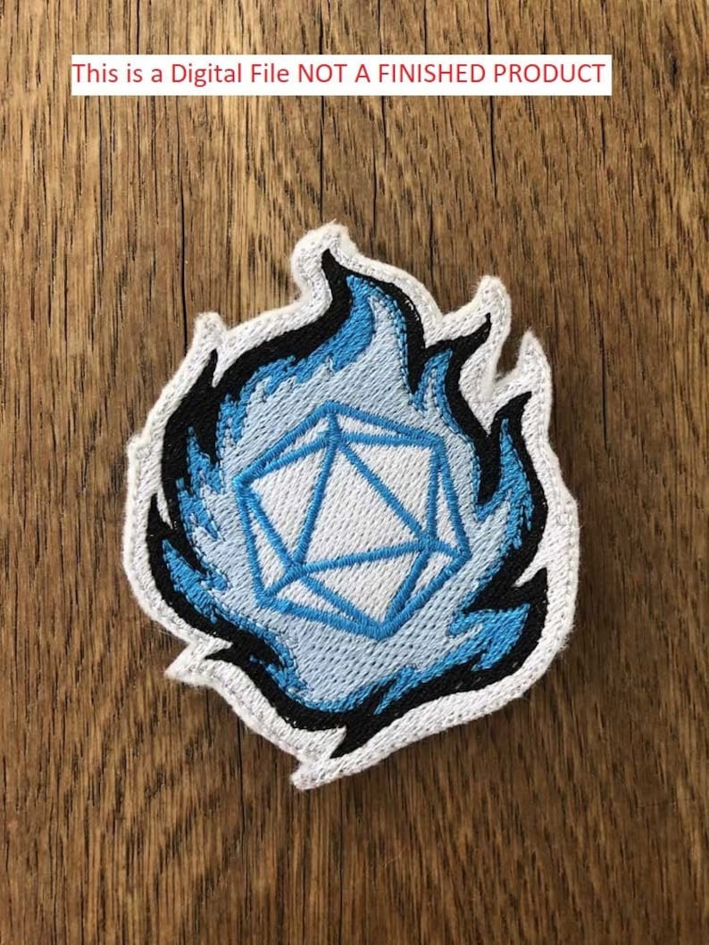 Dice D20 fire and ice (2 variations) dungeons and dragons RPG patch design. Machine embroidery pattern in the hoop 4x4 size digital ITH file