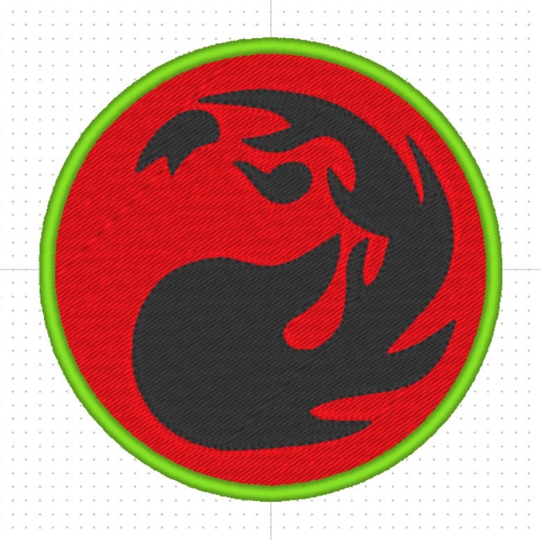 Magic the gathering Red Mana Mountain land MTG fire patch design. Machine embroidery pattern in the hoop. 4x4 size digital ITH file.
