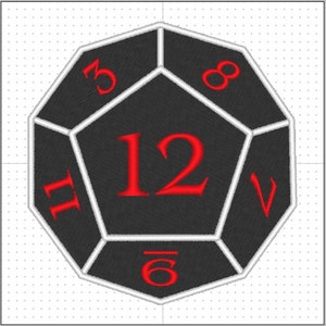 May include: Black and white embroidered D12 die with red numbers. The die is a dodecahedron shape, with the number 12 prominently displayed. The numbers are in a bold, easy-to-read font.